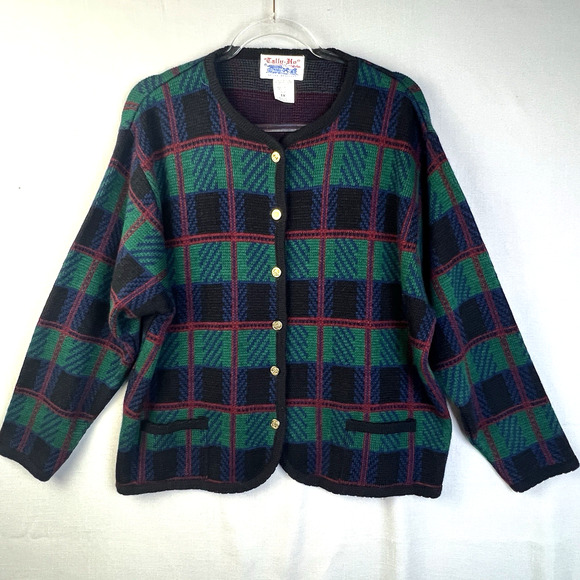 Vintage Tally Ho Cardigan Sweater Women 1X Green Blue Plaid Christmas Preppy - Picture 8 of 8